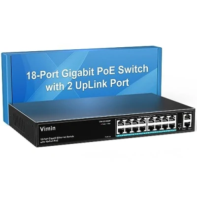 Imagen de VIMIN Switch Gigabit PoE de 16 Puertos con 2 Puerto Uplink Gigabit, Ethernet no Gestionado 18 250W Potencia, Compatible IEEE802.3af/at, VLAN, Carcasa Metal