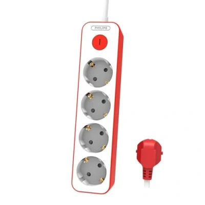 Imagen de Philips CHP2145R Regleta de 4 Enchufes, Bloqueo Alimentación, 1.500W, Cable Alimentación Trenzado 1.5 Metros Alta Resistencia, Cierre Seguridad (Indicador LED Prot) Color Blanco/Rojo