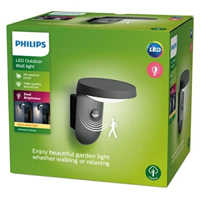 Imagen de Philips Aplique de pared para exteriores Tyla 9W Luz Cálida 2700k con sensor movimiento y panel carga solar, protección IP44