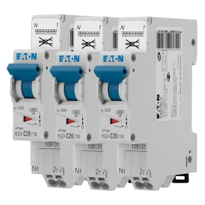 Imagen de EATON 109131 PLGC4 C20/1N Disyuntor modular PH/N Blanco Mando Azul 1P+N/20 A Curva C Conexión directa sin tornillos 3 disyuntores