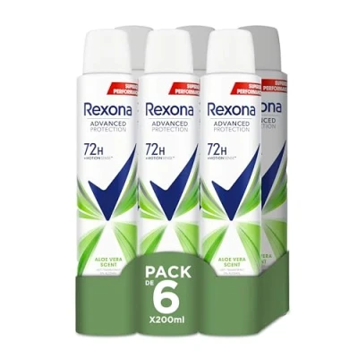 Imagen de Rexona Advanced Protection Desodorante antitranspirante Aerosol para Mujer ALOE VERA 72h 200 ML ml, Pack de 6 Unidades