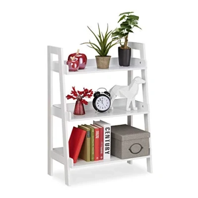 Imagen de Relaxdays Estantería de Escalera con 3 Niveles, Decoración, Pie, Plantas y Libros, MDF, 82,5 x 61 29 cm, Blanco