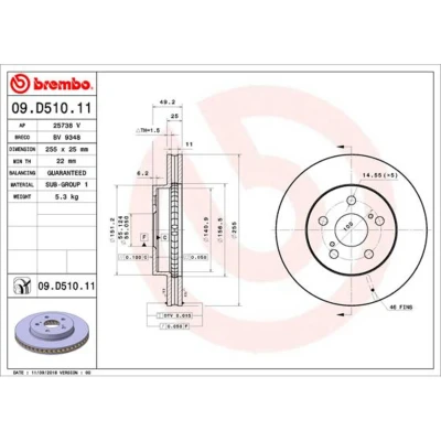 Imagen de BREMBO 09.D510.11 Disco de freno 255 25 5 ventilación interna revestido