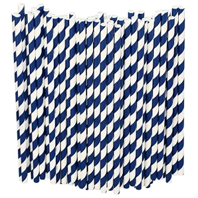 Imagen de Pajitas de Papel Desechables a Granel 1000 Piezas, Rayas Azul/Blancas, 19,7x0,6cm Biodegradables y Duraderas