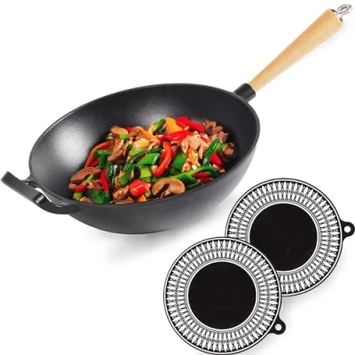 Imagen de Chefarone wok de hierro fundido con revestimiento esmaltado Sartén para inducción mango madera desenroscable parrilla 28
