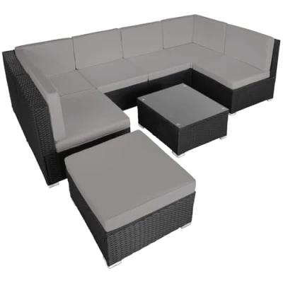 Imagen de tectake® Conjunto Jardín de Ratán Cojines, Terraza Combinable y Resistente a la Intemperie, Muebles Exterior 6 Sillones, 1 Mesa, Taburete, Estructura Tornillos Acero negro/gris
