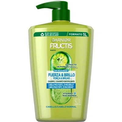 Imagen de Champú Garnier Fructis Fuerza &amp; Brillo 1 litro: Fortalece y revitaliza tu Cabello con extracto de pomelo vitaminas B6 niacinamida más fuerte, sano brillante Envase 100% reciclado