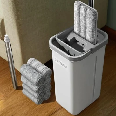 Imagen de JOYMOOP Trapeador y cubo con juego de escurridor, mopa plana cabeza plana, mopas polvo para limpiador paredes mango largo, microfibra uso húmedo seco limpieza suelos