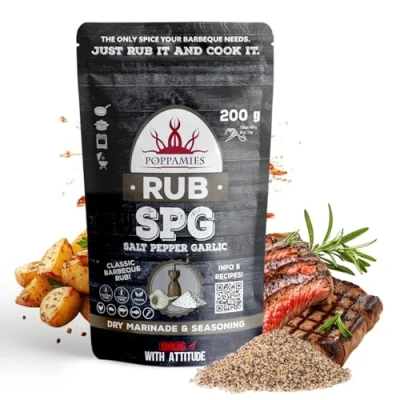 Imagen de Poppamies El Legendario Condimento para Bistec SPG BBQ Rub Mezcla 100% Natural de Sal Pimienta Negra y Ajo Adecuado Todo Tipo Comida Especialmente Bistecs Vegetales Paquete Grande 200g