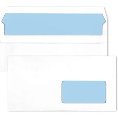 Imagen de Netuno 100x sobres largos color blanco DIN DL 110x220mm 80g con impresión interior azul ventana derecha y solapa recta autoadhesivos americanos comerciales para cartas empresas correos