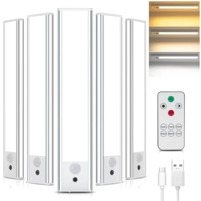 Imagen de TOPPLEE Luz de Armario, 5 Piezas Nocturna con Control Remoto, 3000K 6500K Regulable Lampara LED Sensor Movimiento, USB Recargable Armario para Gabinete, Cocina, Escalera, Pasillo