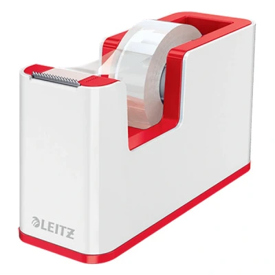 Imagen de Leitz WOW Dispensador de Cinta, Base Robusta, Incluye un Rollo Cinta Adhesiva, Portarrollos para Escritorio, Blanco/Rojo, 53641026