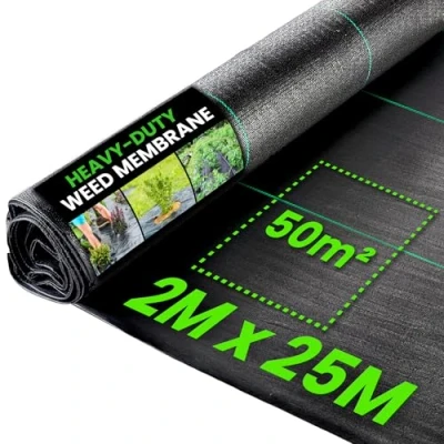 Imagen de membrana de malezas resistente, 2 m x 25 m, plegada para control malezas, 100 g/m², supresora jardín, paisaje, cubierta suelo, patios y tela