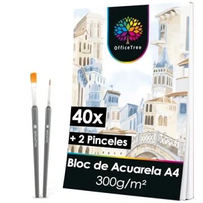 Imagen de OfficeTree 40x Papel Acuarela A4 300g con 2x Pinceles para una Cara Lisa y Áspera 300gr Bloc de Acuarelas