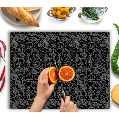 Imagen de Tabla de cortar cristal grande 50 x 40 cm: protector encimera vidrio para cocina, duradero, higiénico, resistente a los arañazos, al calor, diseño negro