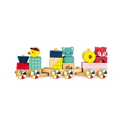 Imagen de Janod Baby Forest Tren de Madera, Juguete Arrastre, 17 Bloques Incluidos, Aprendizaje las Formas y Los Colores, Desarrollo La Motricidad Fina Desde 1 Año, J08022