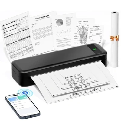 Imagen de Impresora Portátil Termica A4, Impresoras Inalambrica Bluetooth 300 dpi para Papel Térmica 210x297mm/110mm/80mm/53mm/216mm, Casa Mini Movil Portatil Sin Tinta Wireless Portátiles Printer, negro