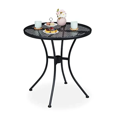 Imagen de Relaxdays jardín, 72 x 70 cm, Color Negro Terraza, Agujero Sombrilla, Rejilla, Resistente Intemperie, Acero, 72x70 Mesa Auxiliar Redonda, 1 Pieza