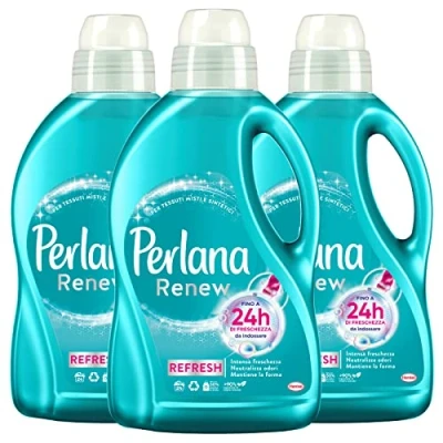 Imagen de Perlana Renew Refresh Detergente líquido para tejidos mixtos y sintéticos lavadora colada a mano contra malos olores, frescura, larga duración, 3 botellas de 1,44 litros