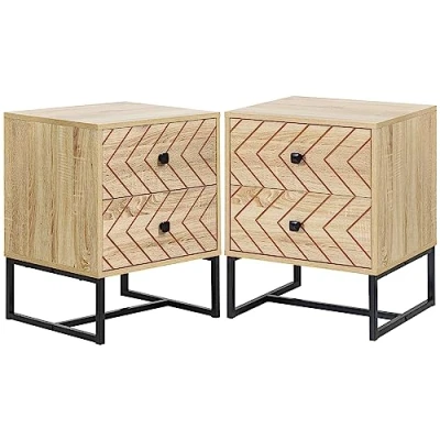 Imagen de HOMCOM Conjunto de 2 Mesitas Noche Mesillas con Cajones y Patas Metal Estilo Moderno para Dormitorio Salón Oficina 48x39,5x60 cm Natural