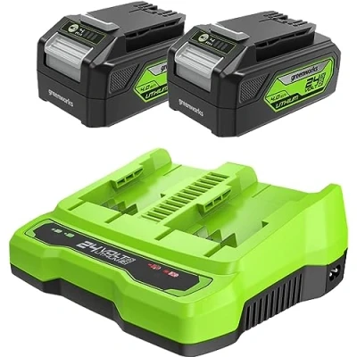 Imagen de Greenworks Baterías y Cargador Doble 24V Dos Recargables de 4Ah Doble, Para Dispositivos 24V, Salida 48W Corriente 4A, Carga Completa en 60 min G24B4 &amp; G24X2C