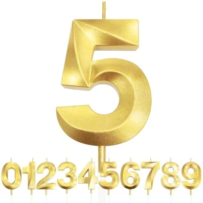 Imagen de Número 5 Vela de Cumpleaños con Purpurina Dorada y Diseño 3D, Velas Números, Decoración Tarta, Tarta para Fiesta Cumpleaños, Aniversario Boda,