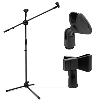 Imagen de Pie de Microfono, Ohuhu Micro, Microfono con Clip Micrófono Doble, Soporte Plegable Boom, Ultraligero para Transporte Fácilmente