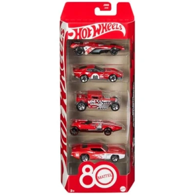 Imagen de Hot Wheels Mattel 80 aniversario Pack de 5 coches, conjunto vehículos juguete a escala 1:64 con embalaje y decoración coleccionista, JGK08