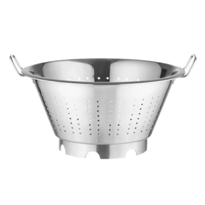Imagen de HENDI Escurridor de cocina, colador, para cocinar, lavar, pasta, fideos, espaguetis, frutas, verduras, ensaladas, redondo, perforado, con base y 2 asas, ø415x(H)210 mm, acero inoxidable