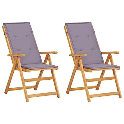 Imagen de vidaXL 2X Madera Maciza Acacia Sillas Reclinables de Jardín con Cojín Mueble Tumbona para Salón Balcón Sillón Exterior Patio Cerca Piscina Gris