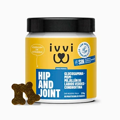 Imagen de ivvi Hip and Joint Articulaciones, Antiartrosis Complemento Alimenticio para Perros, Altamente Concentrado MSM, Mejillón de Labio Verde, Glucosamina 60 Golosinas Pollo, 270g