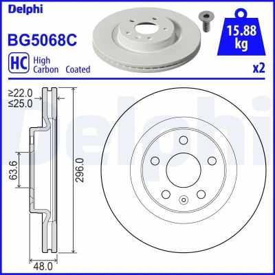 Imagen de DELPHI BG5068C Disco de freno 296 25 5 ventilado revestido altamente carbonizado sin cojinete rueda, anillo sensor ABS VOLVO: XC40