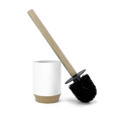 Imagen de Nadi Collection Escobilla baño WC Inodoro Serie Aries Blanco Mate Resina y Madera Base Pintada a Mano Cepillo Negro Desmontable 9.1ø x 34.5 cm Alto (Blanco)