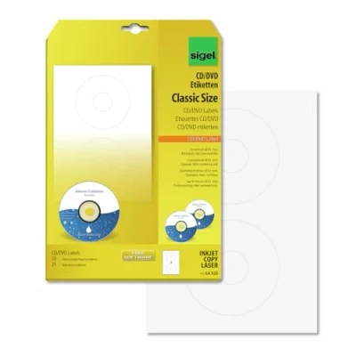 Imagen de SIGEL LA525 Etiquetas para CD/DVD (Ink/Laser/Copy), Ø 117 mm (A4), 50 Et.=25 hojas
