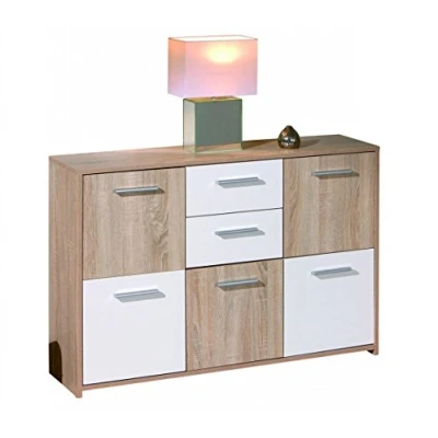 Imagen de Inter Link Cómoda Aparador de 5 puertas y 2 cajones colores Acabado melamina Decorado roble sonoma blanco AxPxH : 115x30x77 cm Elvezia