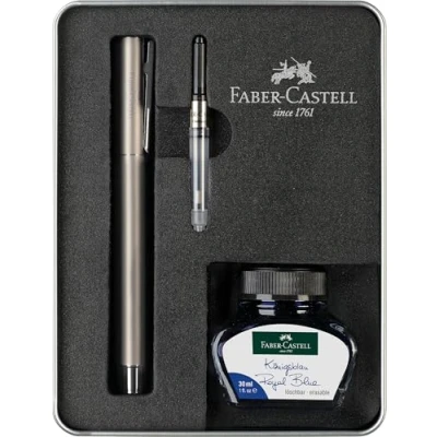 Imagen de Faber Castell 149627 Set de escritura Neo Slim acero inoxidable mate, con pluma M, tintero 30 ml y convertidor