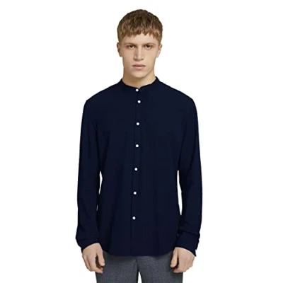 Imagen de TOM TAILOR Denim Hombre Camisa con cuello alto 1022740, 25265 Navy Small Dobby, M