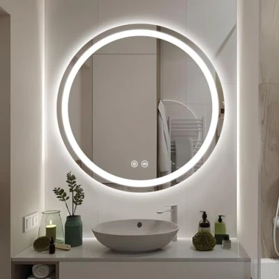 Imagen de GOQELK espejo de baño redondo con luz LED 600 mm, iluminado LED, tocador montado en la pared antivaho, maquillaje circular grande