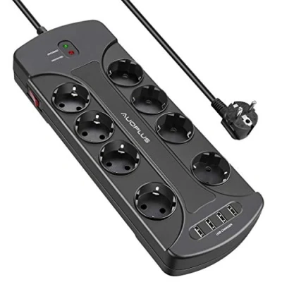 Imagen de AUOPLUS Regletas Enchufes Multiple con 8 Toma de Corriente y 4 USB Puertos,Regleta Inteligente Proteccion Sobretension Interruptores, Cable 2M,3680W/16A,Negro