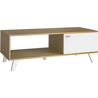 Imagen de MOMMA HOME Mesa Centro con Cajon y Compartimento Abierto, Mesita de Salón o Comedor, Modelo QUIATUR, Acabado en Roble Blanco (100 x 50 42 cm)