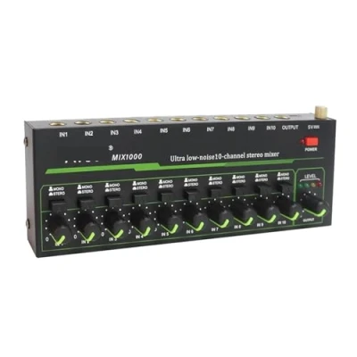 Imagen de Consola de Mezclas, Mezclador 10 Canales Mini estéreo Canales, bajo Nivel Ruido for submezclas precisas, Entrada/Salida TRS 1/4&quot; micrófonos Interfaz Audio