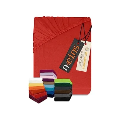 Imagen de npluseins Sábana bajera clásica de punto jersey, disponible en 34 colores modernos y 6 tamaños diferentes, 100% algodón, 180 200 x cm, color rojo