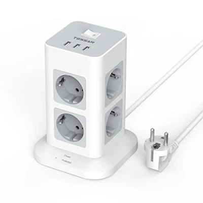 Imagen de TESSAN Regleta Enchufes Proteccion Sobretension 3600W 16A, USB 8 Tomas de AC Corrientes y 3 USB, Torre Vertical con Cable 2M, Regreltas Interruptor Gris para Mesa, Oficia, Casa