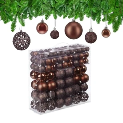 Imagen de Relaxdays 150 Bolas Árbol Navidad, Decoración Navideña Mate, con Brillantina, Relucientes, de 3, 4 y 6 cm Ø, Marrón, 7 x