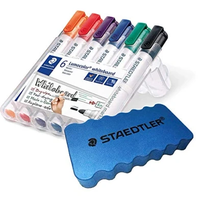 Imagen de Staedtler Lumocolor 351 WP6 Rotulador para pizarra blanca, punta redonda de aproximadamente 2 mm, 6 colores (1 funda + esponja blanca)