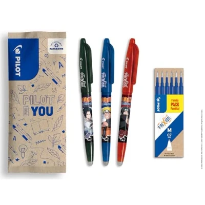 Imagen de PILOT x Naruto Caja de 3 uds FriXion Ball, Negro, Azul, Rojo + 1 Set 6 recambios azules Bolígrafo borrable Shipudden Edición Limitada Bolígrafos roller recargables Punta media