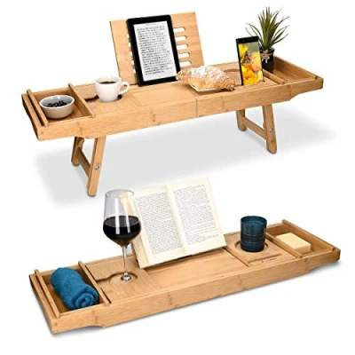 Imagen de Navaris Bandeja Plegable para Cama Mesa de bambú bañera y sofá con Patas Soporte Poner Varios Objetos Mesilla Auxiliar
