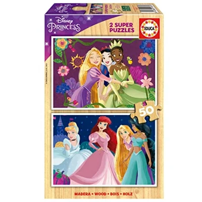 Imagen de Educa Disney Princess Set de 2 Puzzles Infantiles Madera con 50 Piezas Cada uno. Medida una Vez montado: 28 x 20 cm. Compuesto por Grandes Perfectamente acabadas. +5 años (19672)