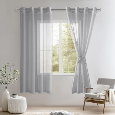 Imagen de DWCN Cortinas Blancas de Gasa Transparente con Ojales, para Dormitorio, habitación Infantil, salón, Juego 2 Unidades, Gris, 160 x 140 cm (Alto Ancho)