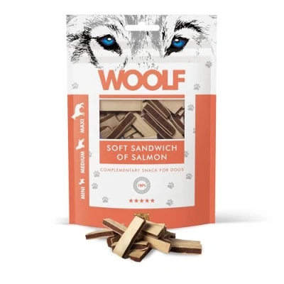 Imagen de Woolf Snack de salmón para Perro 100g. Snacks Natural con Forma trocitos Sandwich